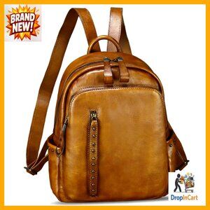Genuine Leather Backpack Vintage Western Daypack College Bag Rivet Details